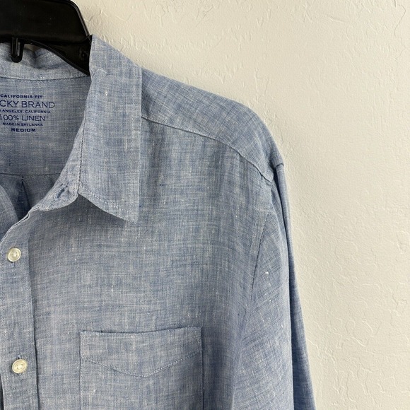 Lucky Brand Button Up Shirt Chambray‎ Linen M Blue California Fit Long Sleeve - Picture 3 of 11